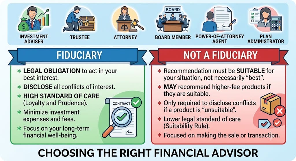 Infographic showing common fiduciary roles and comparing fiduciary duties with non-fiduciary financial advisors, including legal obligations, conflict disclosures, and standards of care.