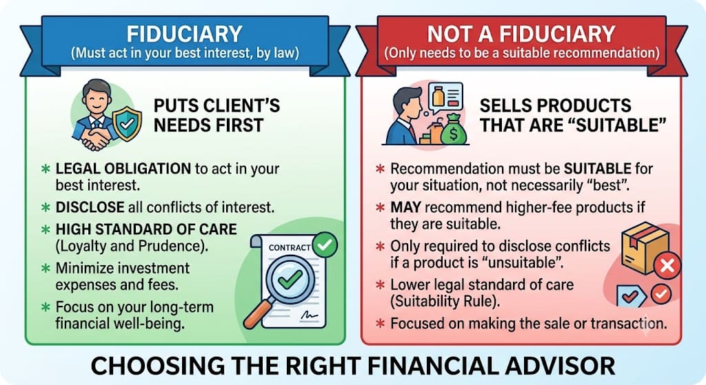Infographic comparing fiduciary and non-fiduciary financial advisors, highlighting legal duties, conflict disclosure requirements, and client-first responsibilities.