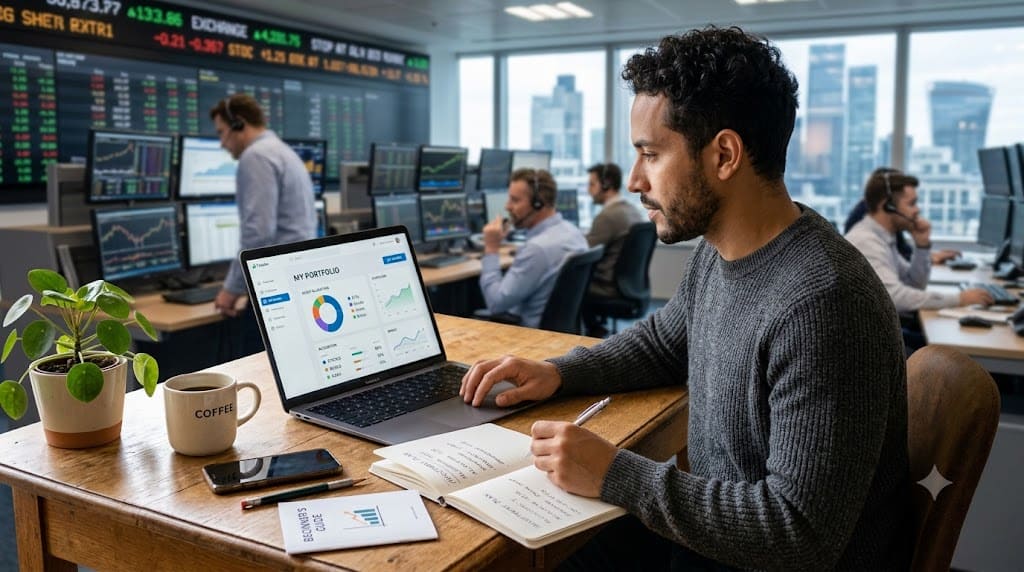 Beginner investor reviewing a diversified investment portfolio on a laptop while planning stock, ETF, and mutual fund investments.