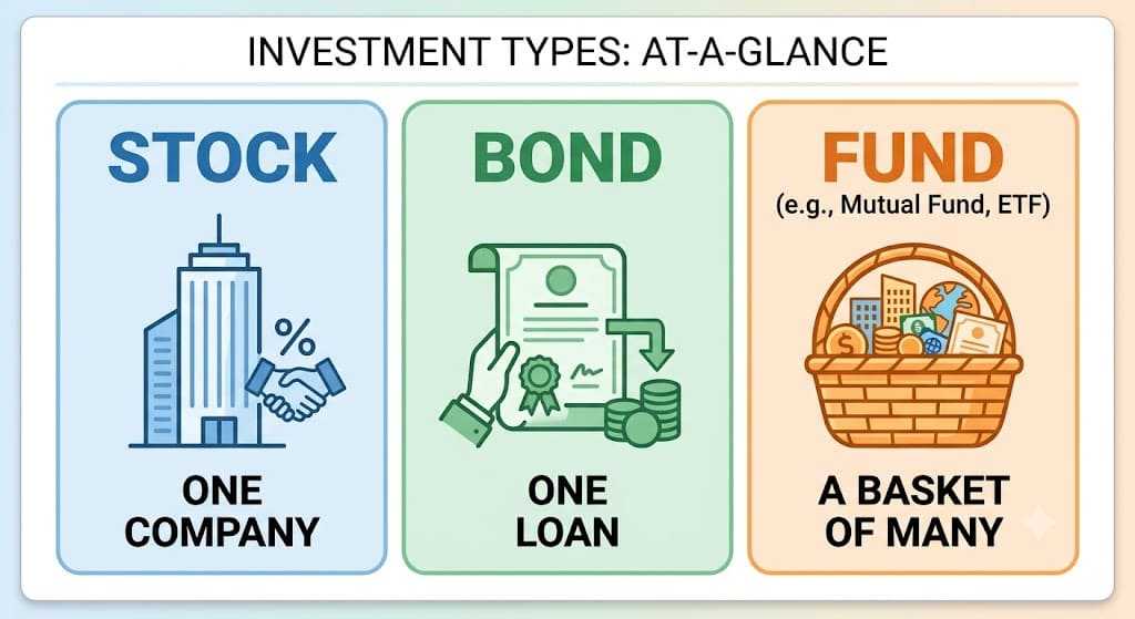 Infographic comparing investment types including stocks, bonds, and funds, explaining ownership, lending, and diversified investment portfolios for beginners.