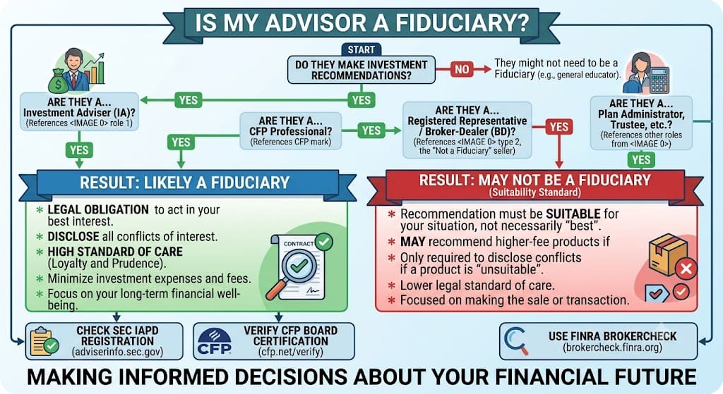 Decision-tree infographic showing how to determine if a financial advisor is a fiduciary, including advisor credentials, legal duties, and verification through SEC IAPD, CFP Board, and FINRA BrokerCheck.