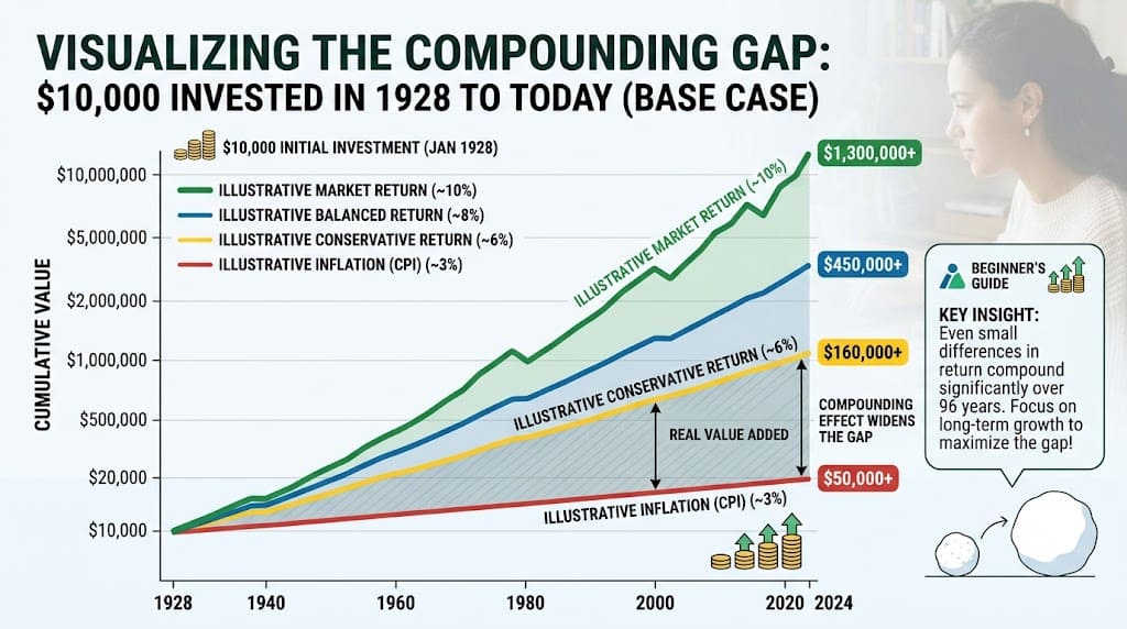 Chart illustrating the power of compounding by comparing long-term investment growth, balanced returns, conservative returns, and inflation from 1928 to 2024.