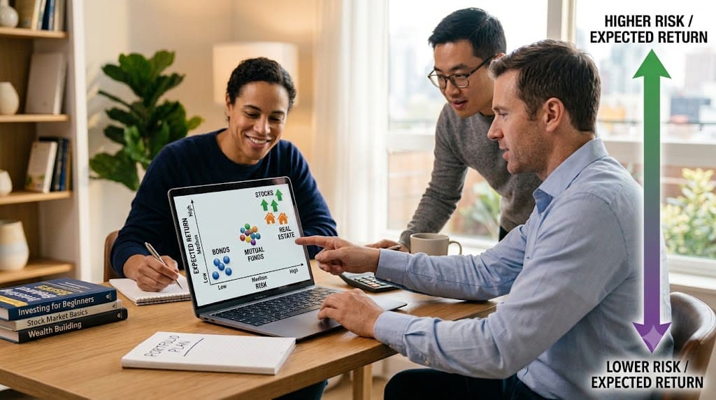 Financial advisor explaining the risk versus return relationship using an investment chart showing bonds, mutual funds, real estate, and stocks.