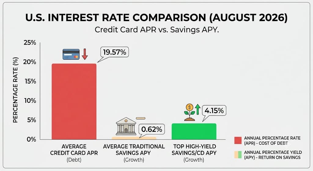 Bar chart comparing U.S. credit card APR, traditional savings APY, and high-yield savings APY in August 2026, showing borrowing costs far exceed savings returns.